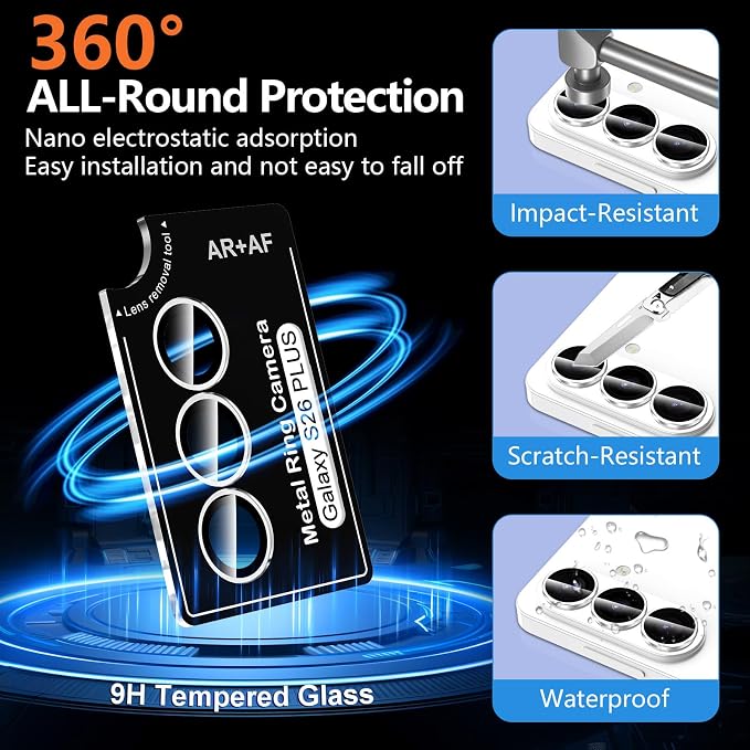 for Samsung Galaxy S26 Plus Camera Lens Protector, Individual Metal Ring Tempered Glass Lens Cover, [Strong Adsorption] Scratch Resistant Ultra-Thin HD Clear Lens Cover, Titanium Silver Ring - Image 2