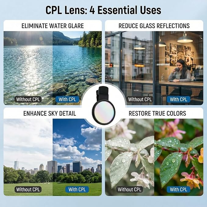 52mm CPL Filter, Clip on Lens Filter Camera Lens, HD Circular Polarizing Filter, CPL Filter Compatible with DSLR/iPhone 17/16/15/14/12/Samsung Galaxy Pixel and Other Smart Phones/Camera - Image 5