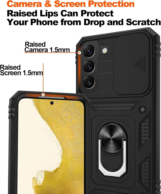 Gritup for Samsung Galaxy S22 Case with Screen Protector*2, Galaxy S22 Case Build in 360° Rotating Ring Kickstand, Military Grade Protective Case for Galaxy S22 Phone, Black - Image 5