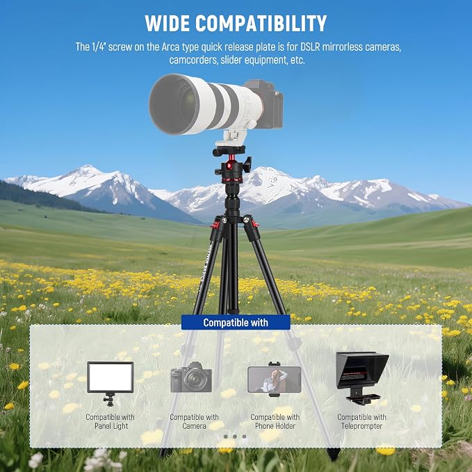 NEEWER Basics Travel Tripod for Camera, 72" Compact Lightweight Portable DSLR Stand, Ball Head, Arca Type QR Plate, Cell Phone Holder Compatible with iPhone Video Recording, Max Load 13.2 lbs, TP14 - Image 6