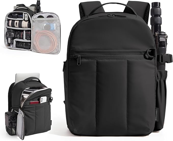 BAGSMART Small Camera Backpack for Women with Laptop Compartment, Black | Puffy Camera Bags for Photographers, DSLR/SLR/Mirrorless Photography Camera Case, Water-resistant Travel Backpack by BAGSMART