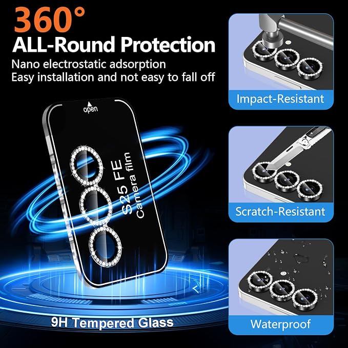 for Samsung Galaxy S25 FE Camera Lens Protector, Individual Metal Ring Tempered Glass Lens Cover, [Strong Adsorption] Scratch Resistant Ultra-Thin HD Clear Lens Cover, 1 Set-Black Diamond - Image 2