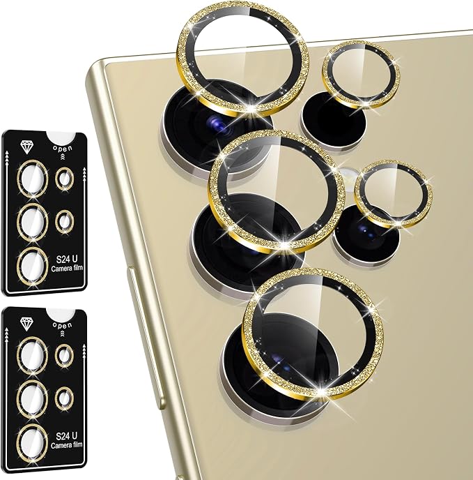 for Samsung Galaxy S24 Ultra Camera Lens Protector, Individual Metal Ring Tempered Glass Lens Cover, [Strong Adsorption] Scratch Resistant Ultra-Thin HD Clear Lens Cover, 2 Set-Gold Sparkly by Btscase