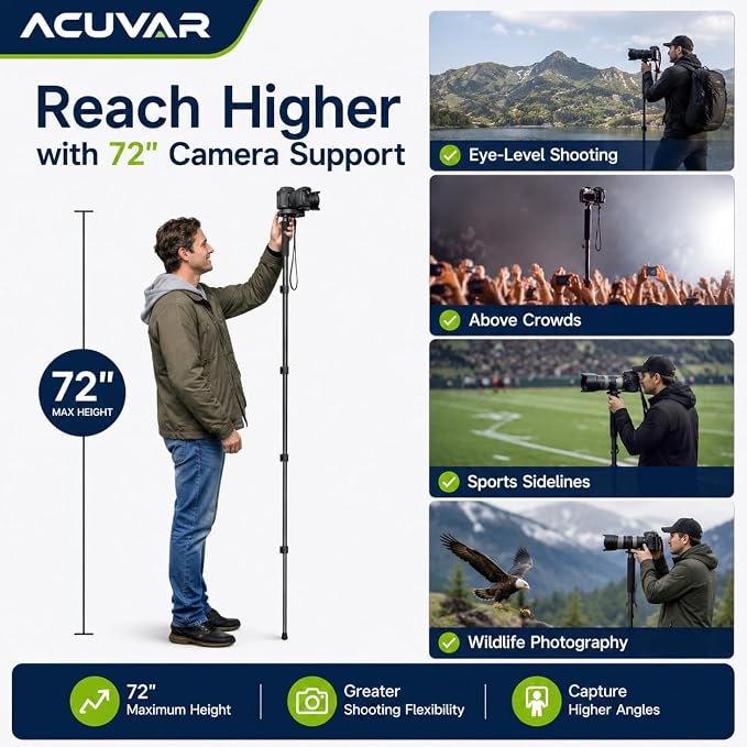Acuvar Pro Series 72" Camera Monopod with Quick Release Plate, Lightweight 4-Section Aluminum Monopod for DSLR & Mirrorless Cameras, Canon, Nikon, Sony, Fujifilm, Panasonic, Olympus, Pentax - Image 2