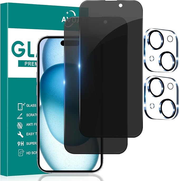 2+2 Pack Privacy Screen Protector for iPhone 15, 6.1 Inch | Camera Lens Protector, Tempered Full Screen Glass, Anti-Spy, Bubble Free, Case Friendly by AVOAR