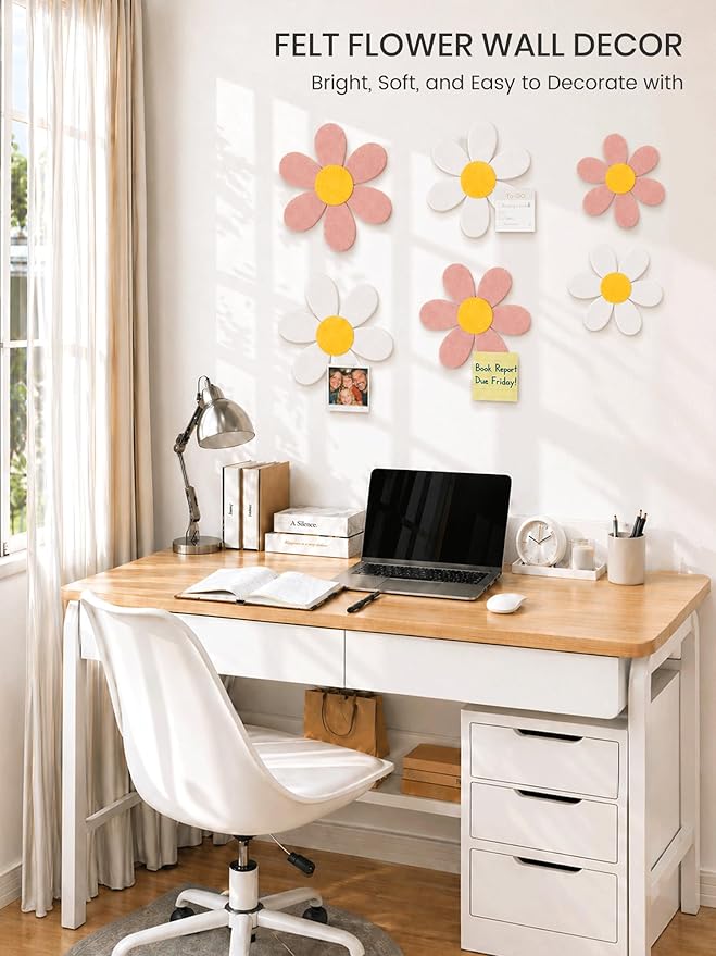 Fluxynara 6 PCS Daisy Felt Flower Wall Decor, Daisy Bulletin Board for Nursery & Girl Room, 3-Size Acoustic Felt Wall Art for Bedroom, Baby’s Room, Kids’ Spaces, Pink/White - Image 4