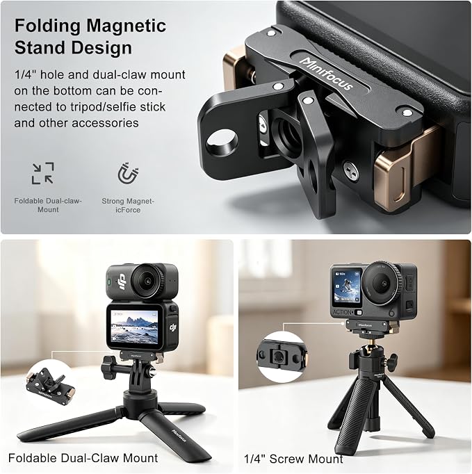 Magnetic Quick Release Adapter Mount for DJI Osmo Action 6/Nano, Aluminum Alloy Dual-Direction Base Expansion Stand w 1/4" Hole Foldable Dual-Claws Connector for Tripod Selfie Stick Action Camera - Image 4