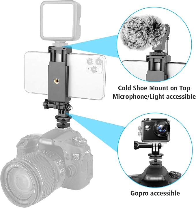 Anwenk Phone Holder Hot Shoe Mount Adapter with Cold Shoe Mount for Microphone/ Flash Light Compatible with Gopro Hero DJI Osmo Action Camera Smartphone, Attach on DSLR Camera / Ring Light/ Tripod - Image 3