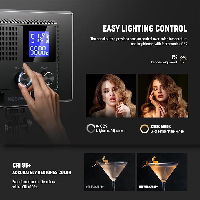 NEEWER Basics 9" LED Video Light Panel, 3200-5600K Edge Lit Dimmable Camera Soft Key Lighting, CRI95+ 800Lux 4000mAh Rechargeable for Video Recording Streaming Selfie Vlog Studio Photography, NL-120B - Image 4