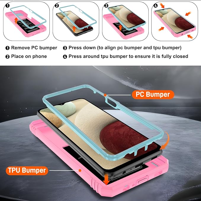 Gritup for Galaxy A12 Phone Case Military-Grade Shockproof with Kickstand | with 2 PCS Screen Protector, Slide Camera Cover, Heavy Duty Outdoor Protection Funda para Galaxy A 12 Cover-Green+Pink - Image 4