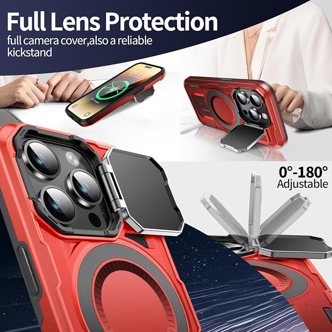 Camera Stand Case for iPhone 14 Pro, [Compatible with MagSafe] [Lens Cover] 2024 Version Military Grade Protective Soft Case for iPhone 14 Pro 6.1 inch Men Women, Red - Image 3