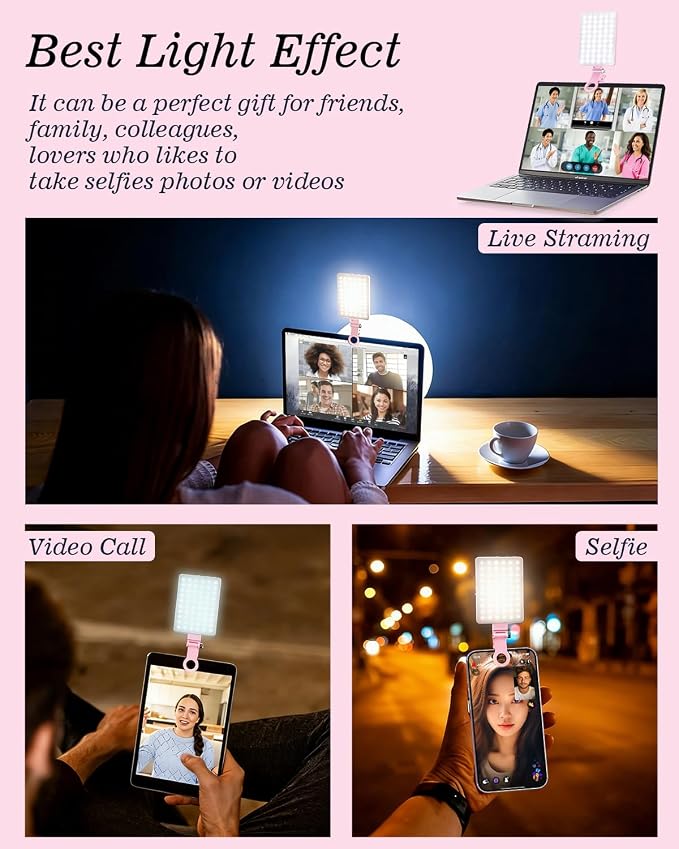 60 LED Portable Selfie Light Video Conference Lighting with Clip & Camera Tripod Adapter Rechargeable 2000mAh CRI 97+, 3 Light Modes for Phone iPhone Webcam Laptop Photo Makeup (Pastel Pink) - Image 9