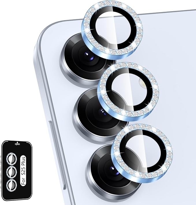 for Samsung Galaxy S25 Plus Camera Lens Protector, Individual Metal Ring Tempered Glass Lens Cover, [Strong Adsorption] Scratch Resistant Ultra-Thin HD Clear Lens Cover, 1 Set-Blue Diamond by Btscase