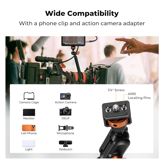 K&F CONCEPT 22" Magic Arm, Overhead Desk Camera Arm Mount, Long Articulating Friction Boom Arm for Phone, Action Camera, LED Light, Microphone - Image 5