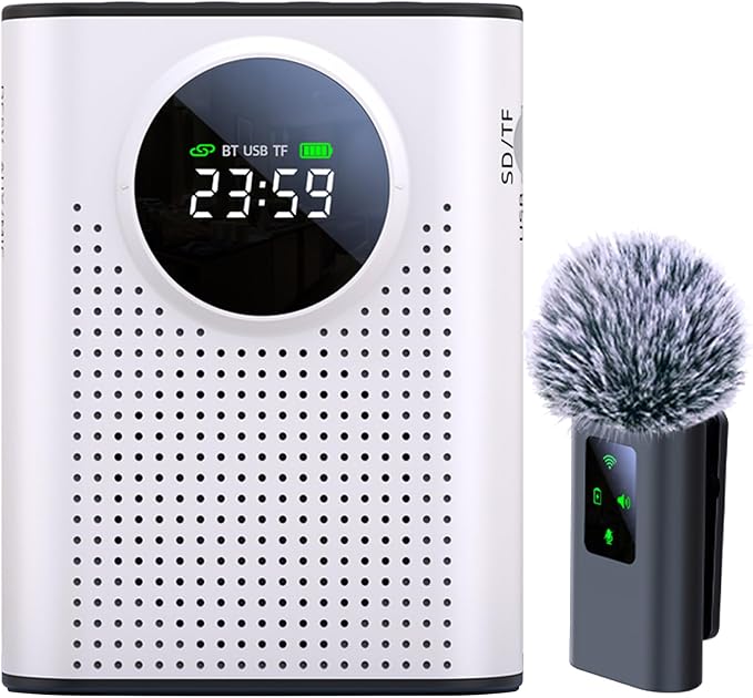 S67 Rechargeable Voice Amplifier Wireless Microphone for Teachers Classroom, Mini Lavalier Lapel Mic Clip Magnetic, Portable Bluetooth Speaker with LED Display for Class, Tour Guide, White by ZERFUN