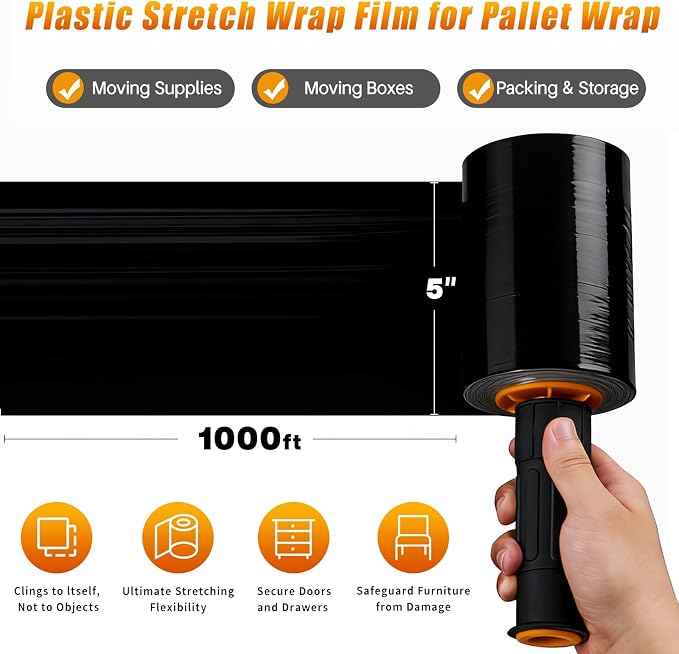 Black Stretch Film Shrink Wrap for Moving Supplies (5inch, 1 Pack) x 1000ft, Industrial Strength Plastic Wrap Stretch Roll for Pallet Wrapping Shipping Moving Boxes Storage Furniture with Handles - Image 4