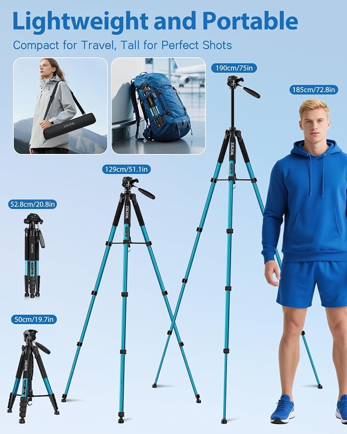 75" Heavy Duty Camera Tripod Stand - Max Load 15LB, Aluminum Travel Tripod for DSLR/Phone/Tablet/Projector, 3-Way Pan Head & Quick Release Plate, Compact Foldable Design (Blue) - Image 4