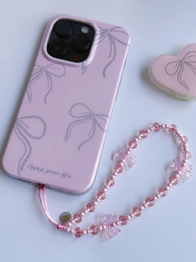 Drawwind Phone Charm Strap Cute Wrist Straps Cell Phone Charm String Y2K Aesthetic Lanyard Wristlet Chain for Case Camera AirPods Bags Keychains (Pink Bow) - Image 2