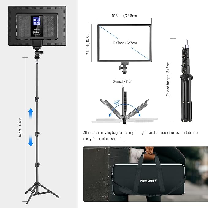 NEEWER 13" LED Video Light Panel Kit, 2 Pack Bi Color Dimmable with Tripod Stand, 4000mAh Battery, 3200K-5600K CRI97+, USB, for Studio/Streaming/YouTube, Black, NL-192AI - Image 5