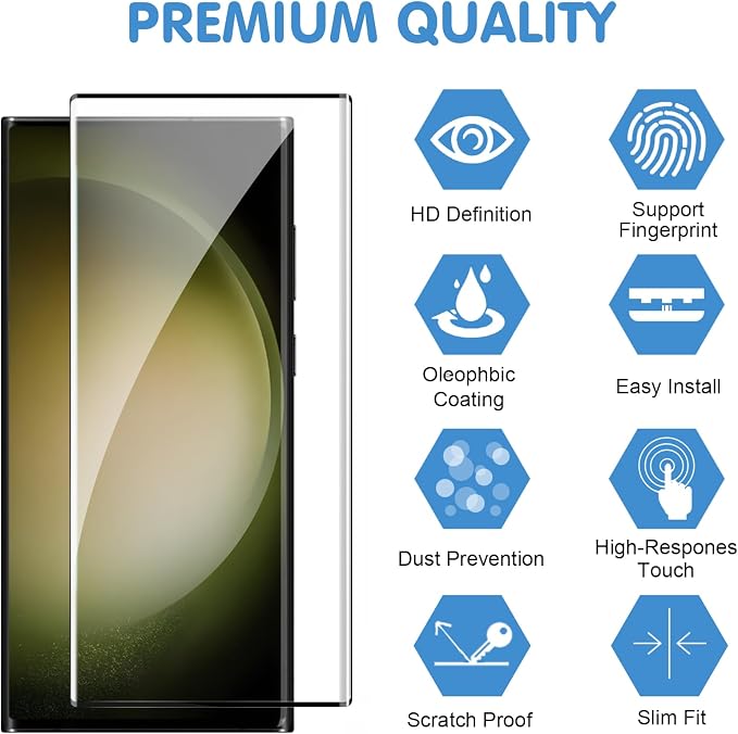 Samcorn 3 Pack Galaxy S23 Ultra Screen Protector, HD Clear Tempered Glass, Fingerprint Unlock, 3D Curved, Scratch Resistant, No Bubble for Samsung Galaxy S23 Ultra 5G Glass Screen Protector - Image 2