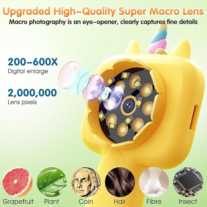 Kids Microscope, 2.4" Screen Handheld Digital Microscope 600X with 4K Camera & 8 LED Lights, Portable Pocket Microscope for Bugs Plants Nature Exploration, STEM Science Toy Gift Ages 3-12(Yellow) - Image 3