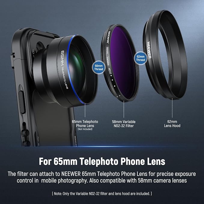 NEEWER 58mm Variable ND Filter with 62mm Lens Hood, ND2-32 Adjustable Neutral Density Filter Compatible with iPhone Android Samsung NEEWER 65mm Telephoto Phone Lens - Image 2