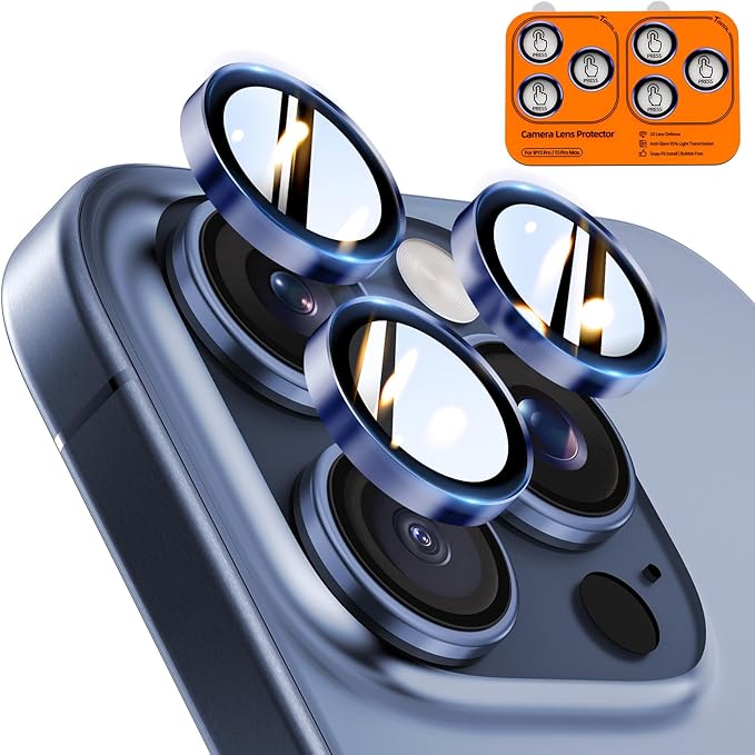 TOCOL for iPhone 15 Pro Max Camera Lens Protector/iPhone 15 Pro Camera Lens Protector Tempered Glass HD Individual Scratch Resistant Cover Accessories Case Friendly 2 Pack（Dark Blue） by TOCOL