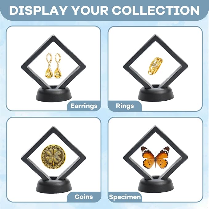 12Pcs 3D Floating Display Case Jewelry Storage Box, 4.3in Black | Clear Film, Plastic Frame, Challenge Coin Holder, For Shark Tooth Fossil Rock Gem Shell Butterfly Specimen - Image 6