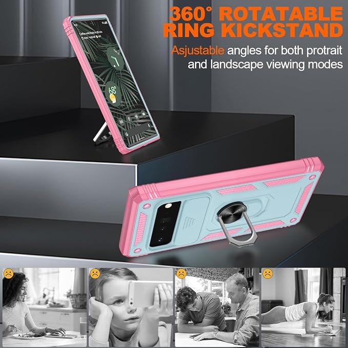 for Google Pixel 6 Pro Case with Slide Camera Cover & Screen Protector (2 PCS), Pixel 6 Pro Case Build in 360° Rotating Ring Kickstand, Military Grade Protective Case for Google 6 Pro Case, Green+Pink - Image 8