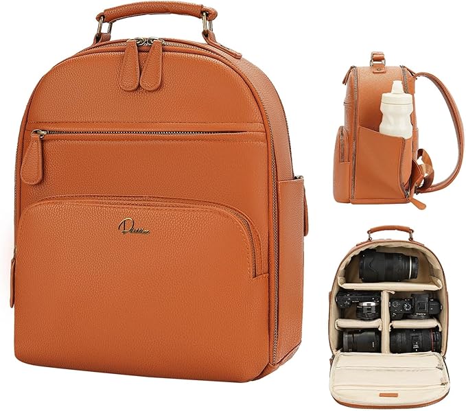 Small Camera Backpack, Classic PU Leather for DSLR, Professional Camera Bag for Photographers with 11 Inch Pad/Tablet Compartment, 10L Brown by Divvia