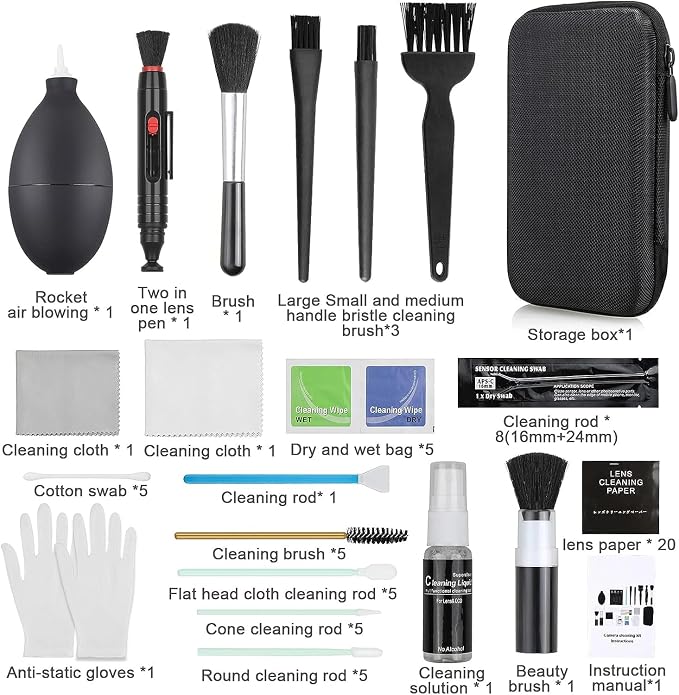 18-in-1 Professional Camera Cleaning Kit for Most DSLR Cameras (Canon, Nikon,Sony), with Air Blower/Cleaning Pen/Detergent/Cleaning Cloth/Lens Brush/Carry Case - Image 2