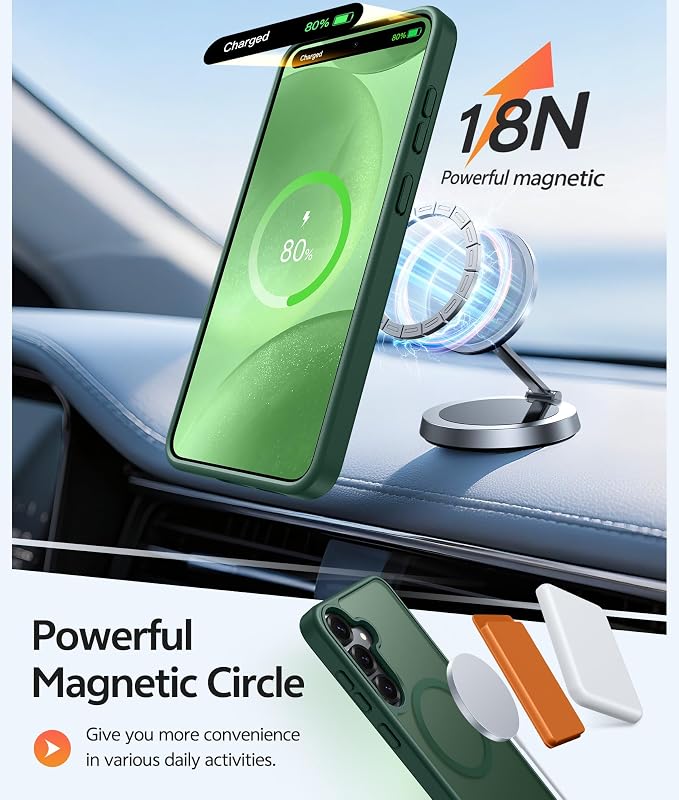 FNTCASE for Samsung Galaxy S25/S24 Case, Fit for Magsafe, Screen Protector | Translucent Matte Magnetic Back, 14FT Military Grade Drop Protection, Shockproof Protective Phone Cover, Green - Image 3