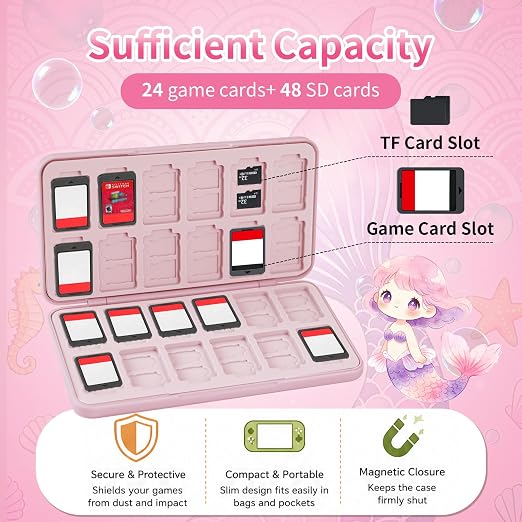 PERFECTSIGHT Switch Game Card Case for Nintendo Switch 2/ Lite / OLED, Switch 2 Game Holder Cartridge Case for Game Cards and 48 SD Cards, Kawaii Portable Compact Storage Box, Mermaid - Image 2