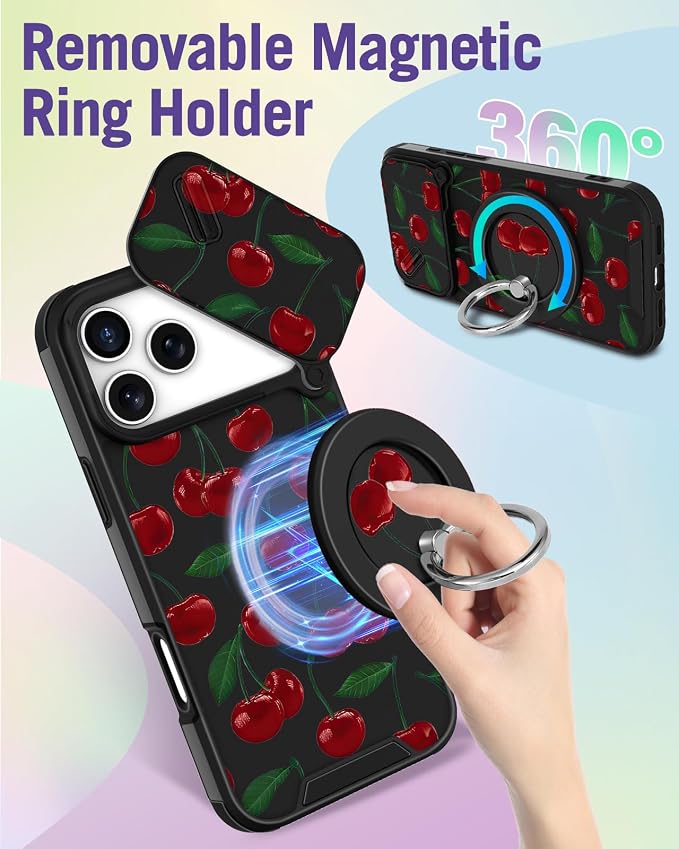 Buleens for iPhone 17 Pro Case 6.3 Inch - with Ring Stand & Camera Cover Aesthetic Cute Designed for Women Girls Girly Pretty Kawaii Cherry Teens Phone Case for iPhone 17 Pro Compatible with Magsafe - Image 5