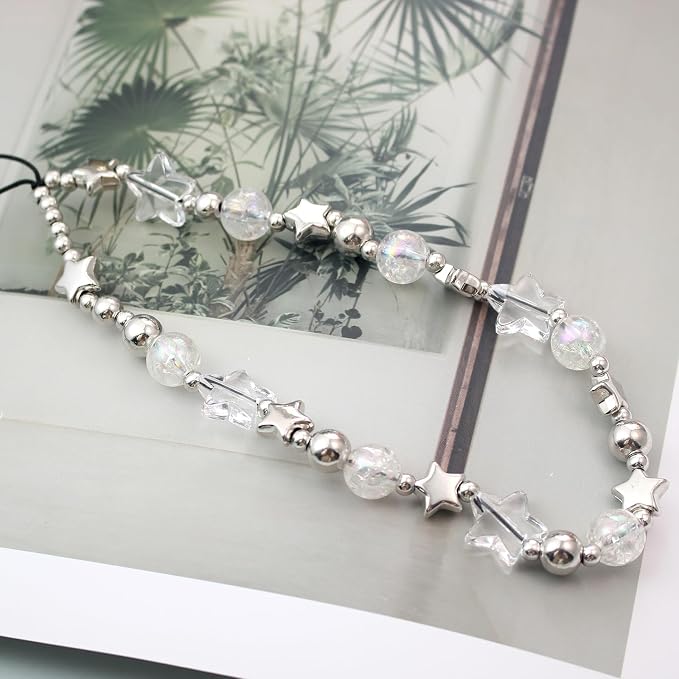 Beaded Camera Wrist Strap,Cute Phone Charm Decor,Pearl Bracelet Wrist Strap | Phone Keychain Decoration for Wallet,Durable Nylon Rope Lanyard,Compatible with all Phone Case,Silver Star - Image 4