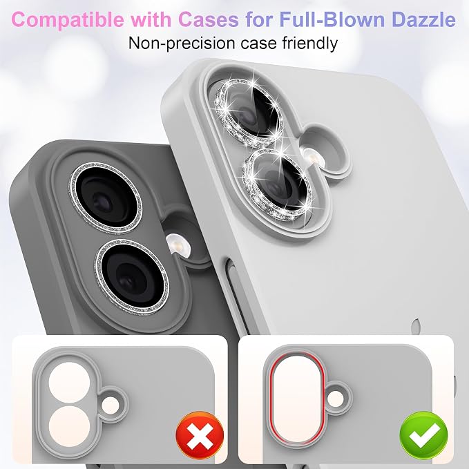 YWXTW [All-Over Glitter Camera Lens Protector for iPhone 17/iPhone 16/iPhone 16 Plus, 9H Tempered Glass Camera Lens Cover, Anti-Scratch Case Friendly(Silver) - Image 5