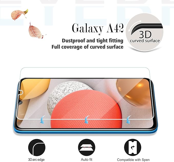 YEBF Samsung Galaxy A42 5G Screen Protector, 2 Pack, HD Clear Tempered Glass, 9H Hardness, Anti-Glare, Bubble-Free, Includes Camera Lens Protectors - Image 3