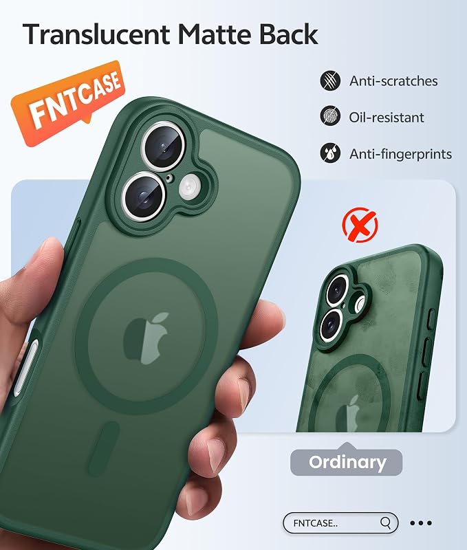 FNTCASE for iPhone 16 Case, Fit for Magsafe, Screen Protector, Green | Full Camera Protection, Translucent Matte, 14FT Military Grade Drop Proof, Shockproof Protective Phone Cover - Image 6