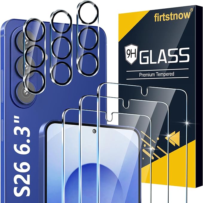 3 Pack for Samsung Galaxy S26 Screen Protector Tempered Glass + 3 Pack Camera Lens Protector, Military Grade Shatterproof, 9H Hardness, Fingerprint Unlock, HD Clear Case Friendly 6.3 Inch by Unknown