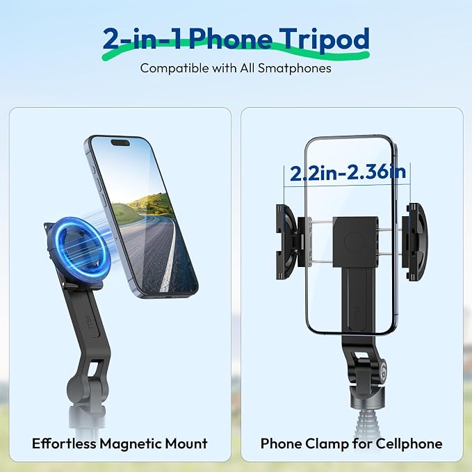 ULANZI TT88 Magnetic Tripod for iPhone 17, 57" Extendable Selfie Stick w Remote, 2-in-1 Phone Clip & Dual Cold Shoe Mounts-Lightweight Phone Tripod Stand for Vlogging, Travel, Video Recording, Black - Image 2
