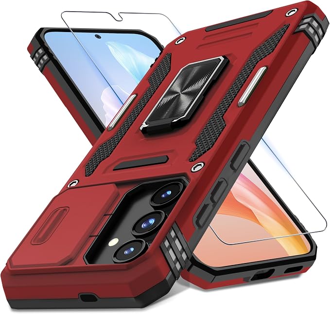 DEERLAMN Case for Samsung Galaxy S24 6.2-Inch with Slide Camera Cover+Screen Protector(1 Pack), Rotated Ring Kickstand Military Grade Shockproof Protective Cover-Red by DEERLAMN