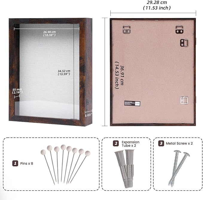 Muzilife 11x14 Shadow Box Picture Frame, 2.16 Deep, HD Glass, Honey Brown | FSC-Wood, Magnetic Door, Linen Interior & Pins, Vertical, Horizontal Wall Hanging, Display Case Frame for Photos & Keepsakes - Image 3