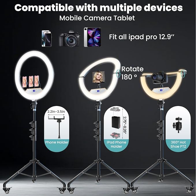 18" Foldable Ring Light with Stand for iPhone ipad Camera, 75" Tripod with Wheels 38W 6500K LED Display/Remote/2 USB Ports Large Big Ringlight Rolling for YouTube Facebook TikTok Live Video Recording - Image 8