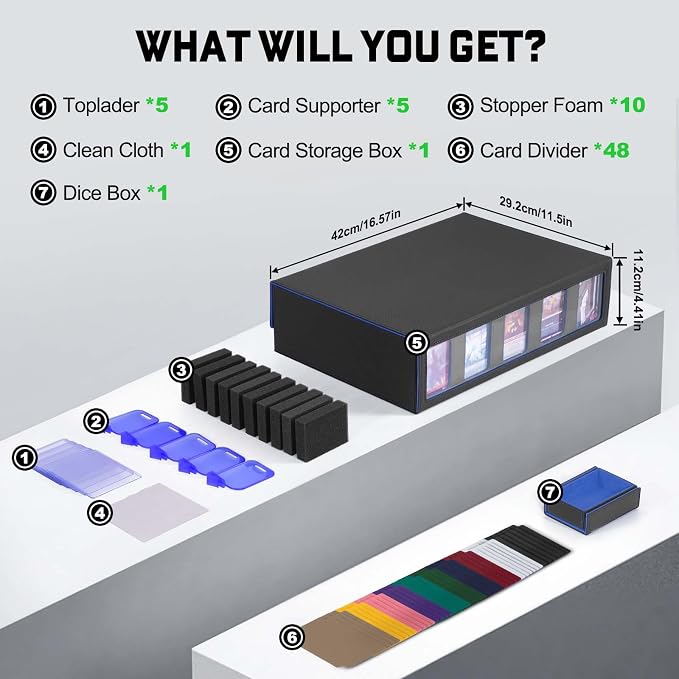 ZLCA Trading Card Storage Box 5-Row with Handle, MTG Storage Box | Holds 3900+ Cards with Commander Display, Top Loaders Organizer Case for TCG PTCG Sport Card(Black&Blue) - Image 3