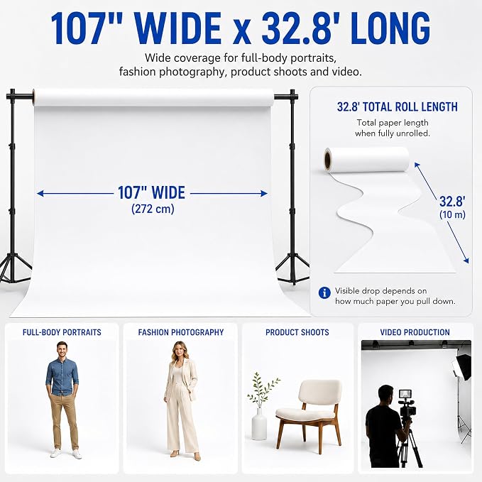 White Seamless Paper Backdrop, White Photo Backdrop 107" x32.8' | Heavyweight matte paper with non-reflective surface for portraits, videos, product photos and studio photography. - Image 3
