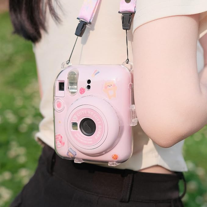 Rieibi Clear Case Compatible with Fuji Instax Mini 12, Carrying Case Bag for Fujifilm Instax Mini 12 Instant Camera with Photo Storage Pocket, Strap and Cute Sticker - Pink - Image 7