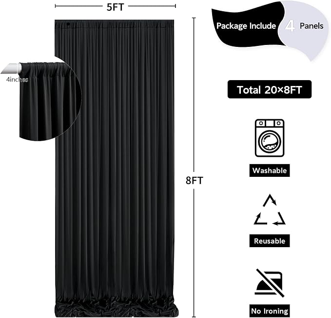 20 ft x 8 ft Black Backdrop Curtain for Parties, 4 Panels 5 ft x 8 ft Wrinkle Free Polyester Photo Black Backdrop Drapesfor Graduations Birthday Wedding Party Stage Curtains Home Decoration Supplies - Image 5