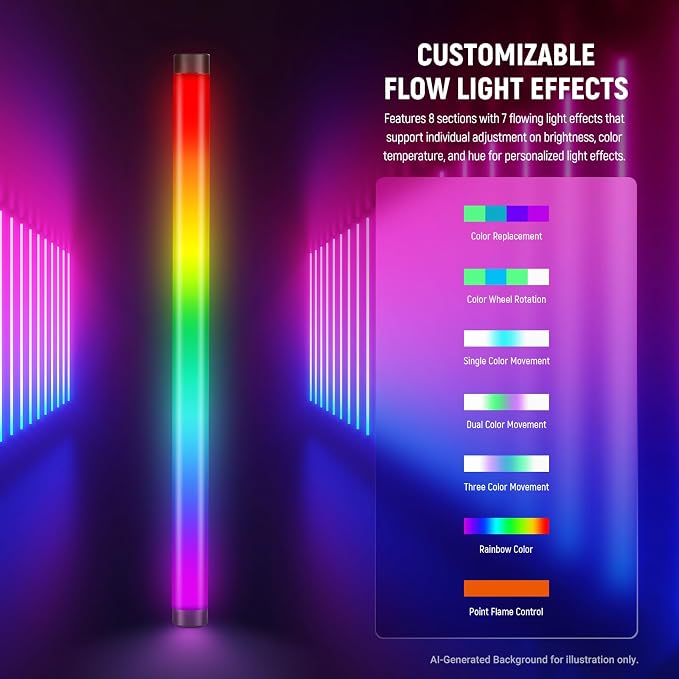 NEEWER TL60 RGB Tube Light, 20W Full Color RGBWW LED Video Lighting Wand Stick for Studio Photography Recording Streaming, APP/2.4G/DMX Control, 7 Pixel Effects 18 Scenes, 2500-10000K CRI97+ TLCI98+ | App/2.4G/DMX Control, 7 Pixel Effects, 2500K-10000K... - Image 2