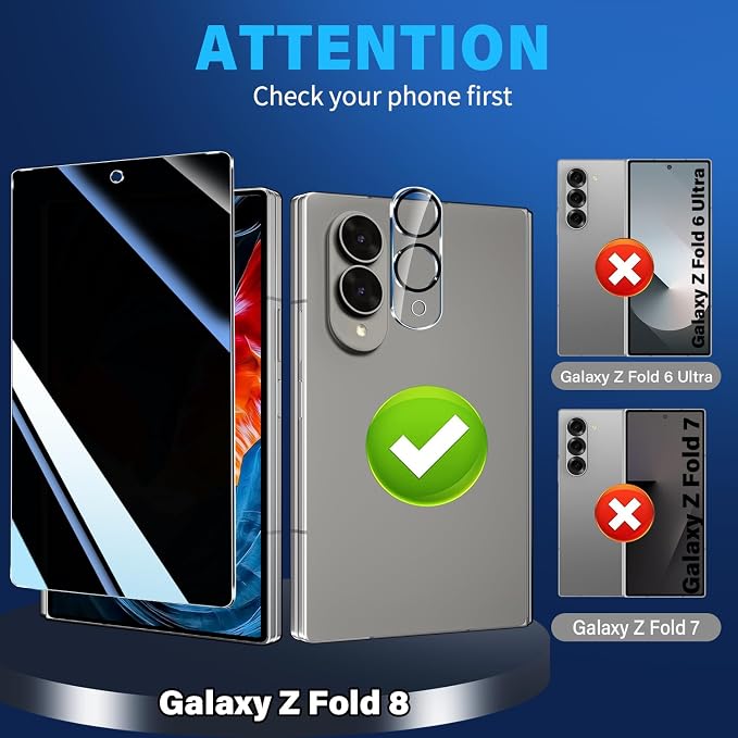 3 Pack Privacy Screen Protector for Samsung Galaxy Z Fold 8 Tempered Glass + 2 Pack Camera Lens Protector, True 25°Anti Spy, 9H Hardness, Fingerprint Unlock, Case Friendly Bubble-Free - Image 2