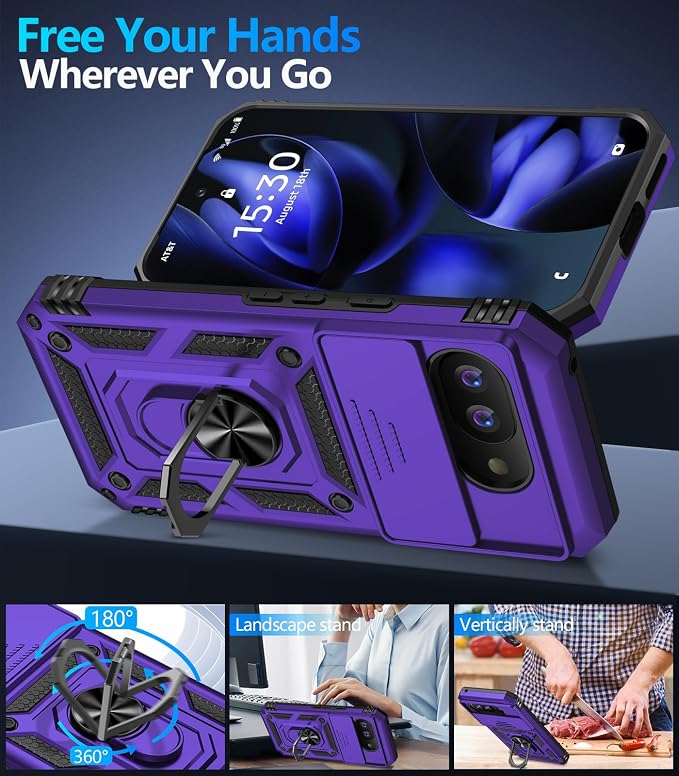 Taisairu for Google Pixel 9A Case with Screen Protector & Slide Camera Lens Cover, Built-in 360°Rotate Magnetic Ring Stand Shockproof Protective Phone Case for Google Pixel 9A Case (Purple) - Image 8